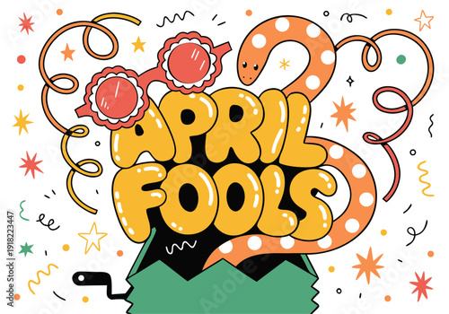A colorful illustration of the phrase April Fools with confetti and balloons