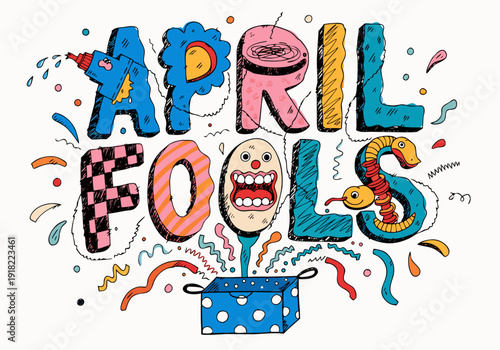 A colorful illustration of the words 'April Fools' with playful designs and confetti