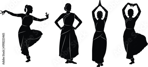 Four indian classical dancers in various poses silhouettes