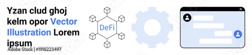 Decentralized finance, blockchain technology, process automation, digital communication, fintech solutions, innovation. Blockchain diagram, gear icon chat interface. Decentralized finance