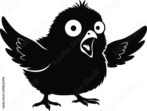 Surprised cartoon bird with open beak and wide eyes in black silhouette