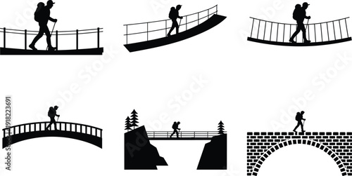 Hiker silhouette vector icons set crossing various bridges including suspension wooden and stone bridge for outdoor adventure travel and hiking trek concepts