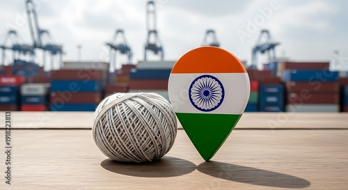 Indian flag marker with yarn ball at shipping port terminal
