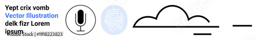 Data security, authentication, speech processing, biometric analysis, cloud services, technology concepts. Minimal microphone, fingerprint cloud symbols. Data security and authentication concepts