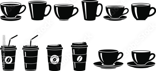 Coffee cup and takeaway mug icons set isolated on white background, hot beverage collection for cafe, restaurant and drink menu design
