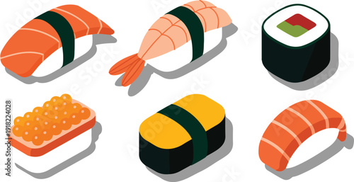 Isometric Sushi Outline Icon Set  Nigiri and Maki Rolls