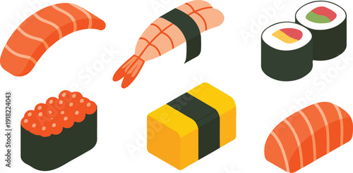 Isometric Sushi Outline Icon Set  Nigiri and Maki Rolls