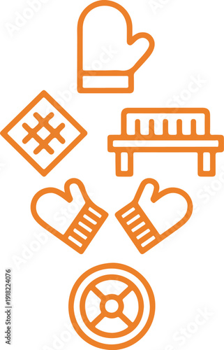 Vertical Kitchen Tools Outline Icon Set  Oven Mitts, Potholders, and Gloves