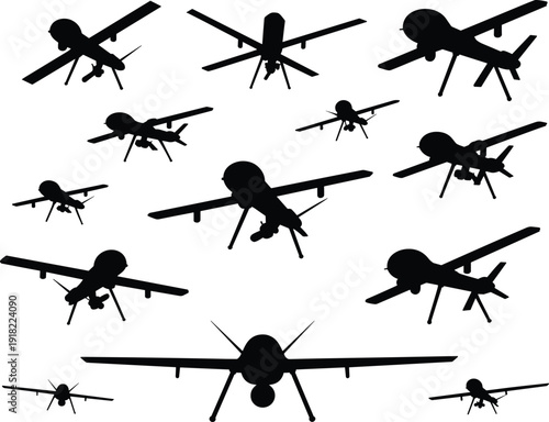 Large set of military drone silhouettes featuring unmanned aerial vehicles for surveillance reconnaissance and combat missions in modern warfare and defense technology applications