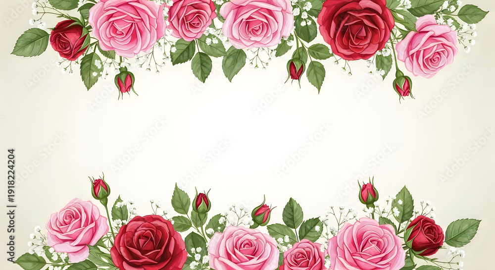 Naklejka premium Vintage floral border with roses and leaves on cream background