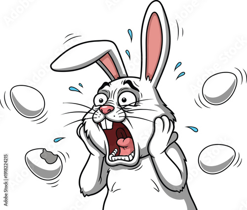 Scared bunny being pelted with stones in cartoon illustration