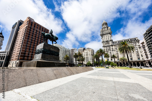 Plaza Independencia, Palacio Salvo and Jose Artigas Equestrian statue, Montevideo, Uruguay, Latin America
