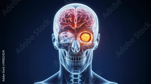 Translucent human skull and brain glow with energy