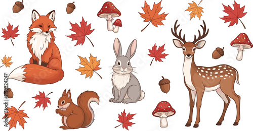 Autumn forest animals collection with fox deer rabbit squirrel mushrooms and fall leaves vector illustration set