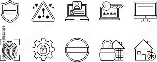 Cyber security and data protection line icons set including shield, fingerprint, password, laptop and lock symbols isolated on white background