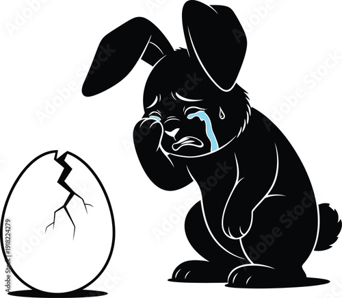 Sad rabbit crying next to broken eggshell in black and white