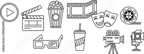 Cinema outline icon set with clapperboard popcorn film strip theater masks camera and 3D glasses