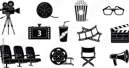 Cinema solid icon set with film camera popcorn clapperboard theater seats megaphone and 3D glasses