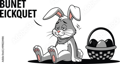 Cute cartoon bunny with basket of eggs looking relaxed