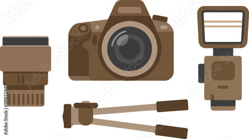Photography Gear Minimalist Icon Set  Camera, Lens, Tripod, Flash, Light Meter