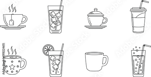 Hot and cold beverage outline icon set with coffee tea iced drink cup and takeaway symbols