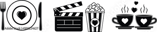 Romantic date night icon set with dinner plate clapperboard popcorn and coffee cups love concept