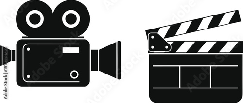Vintage movie camera and clapperboard solid icons for film production cinema entertainment design elements