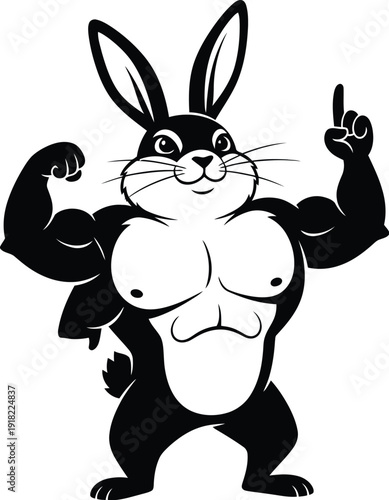 Strong muscular cartoon rabbit flexing arms and pointing up