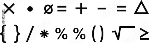 Mathematical symbols and algebra signs set isolated on white background, math notation icons including plus, minus, square root and summation