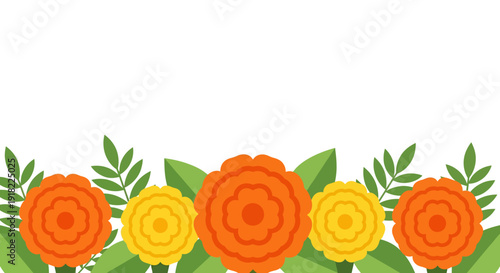 Bright floral pattern of orange and yellow flowers with green leaves
