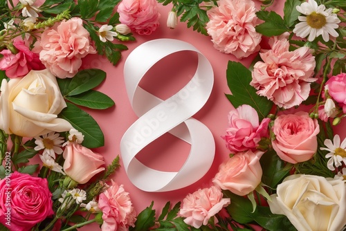 A white ribbon with the number 8 is placed in the middle of a flower arrangement
