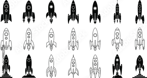 Rocket ship icons set in silhouette and outline styles isolated on white background, space launch vehicles collection for startup, science and exploration design