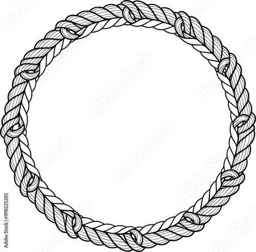 Round nautical rope frame with knots isolated on white background, marine border illustration for maritime, sailing and vintage decorative design