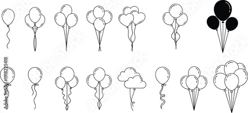 Set of hand drawn balloon outlines and silhouettes isolated on white background, birthday party decoration elements collection for celebration design