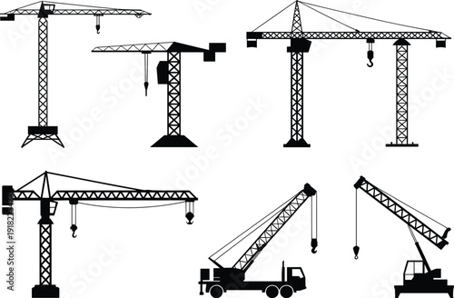 Set of construction tower cranes and mobile truck crane silhouettes, heavy lifting machinery for building engineering, industrial transport, and site development vector illustration