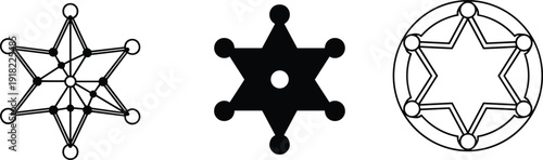 Sheriff star badge icons set isolated on white background, western police emblem and law enforcement symbol collection in silhouette and outline styles