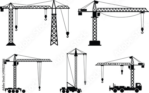 Set of heavy industrial construction crane silhouettes including tower cranes and mobile truck mounted cranes for building engineering and lifting equipment vector illustration