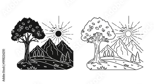 Nature illustration, tree, mountain, sun, landscape, art, drawing, scenery, illustration, Vector