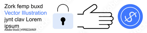 Security, transaction privacy, financial safety, online payments, fintech platforms, data protection. Lock icon, open hand and dollar sign on a blue circle. Security and transaction privacy concepts