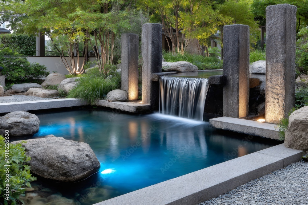 Naklejka premium Modern stone garden featuring glowing waterfall pouring into pond