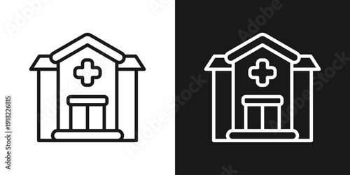 Hospital Building Icon In Black And White Line Style