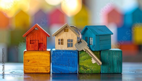 Three vibrant house models rest on colored wooden blocks, with keys hanging from the central roof.