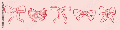 Vector set of whimsical coquette hand drawn ribbon bows in pretty outline on pink background. Charming cute bow collection with different shapes for branding, packaging, social media design.