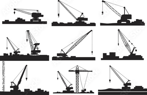 Vector collection of construction crane silhouettes including tower cranes, mobile truck cranes, and crawler cranes for building industry, heavy lifting, and site engineering