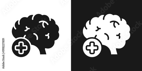 Brain Health Icon In Black And White Glyph Style