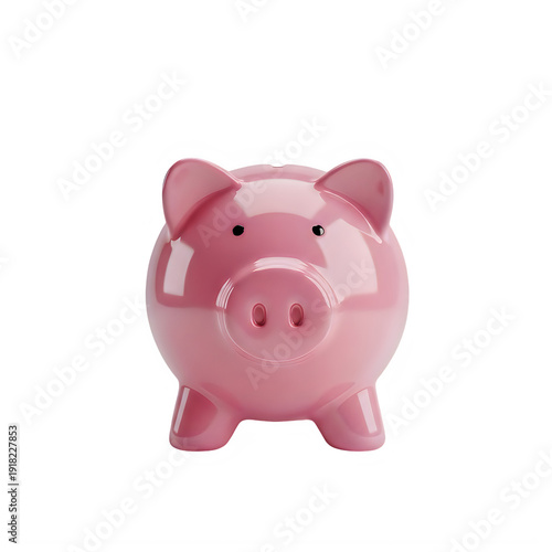 Glossy pink ceramic piggy bank sits centered on a pure white background ready for saving money concepts.