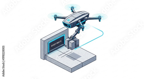 Drone hovers above robotic arm on platform with computer screen and blue connection line