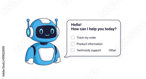 Friendly robot with speech bubble offering assistance options on a white background for customer support and service
