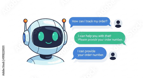 Cartoon robot with headset helps customer track order through chat interface with speech bubbles on white background