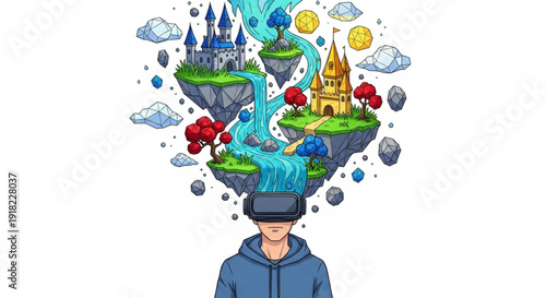 Man wearing vr headset with fantasy castle and landscape emerging from his head in a dreamlike surreal scene